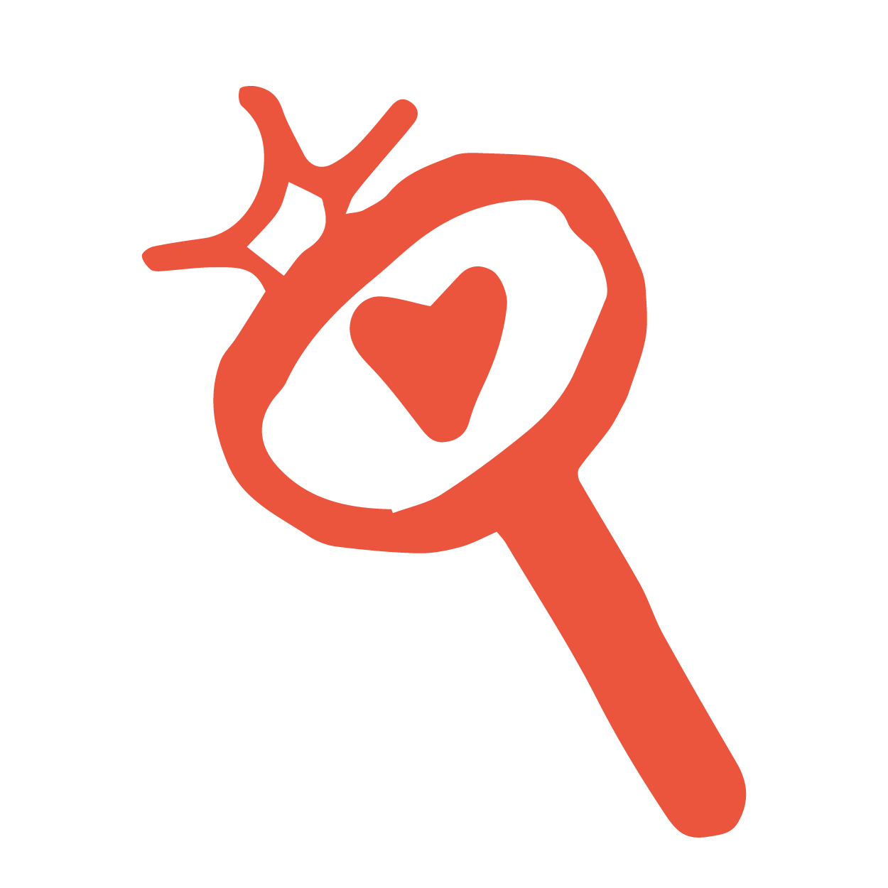 red drawn icon of a magnifying glass with a heart inside